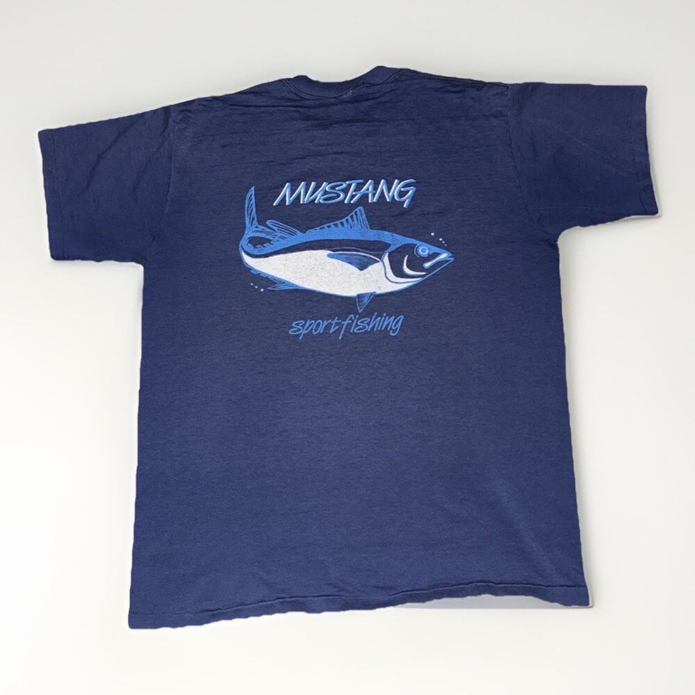 Vintage Oneita Single Stitch T-Shirt Blue XL 22x27 Fishing Tee USA 80s 90s